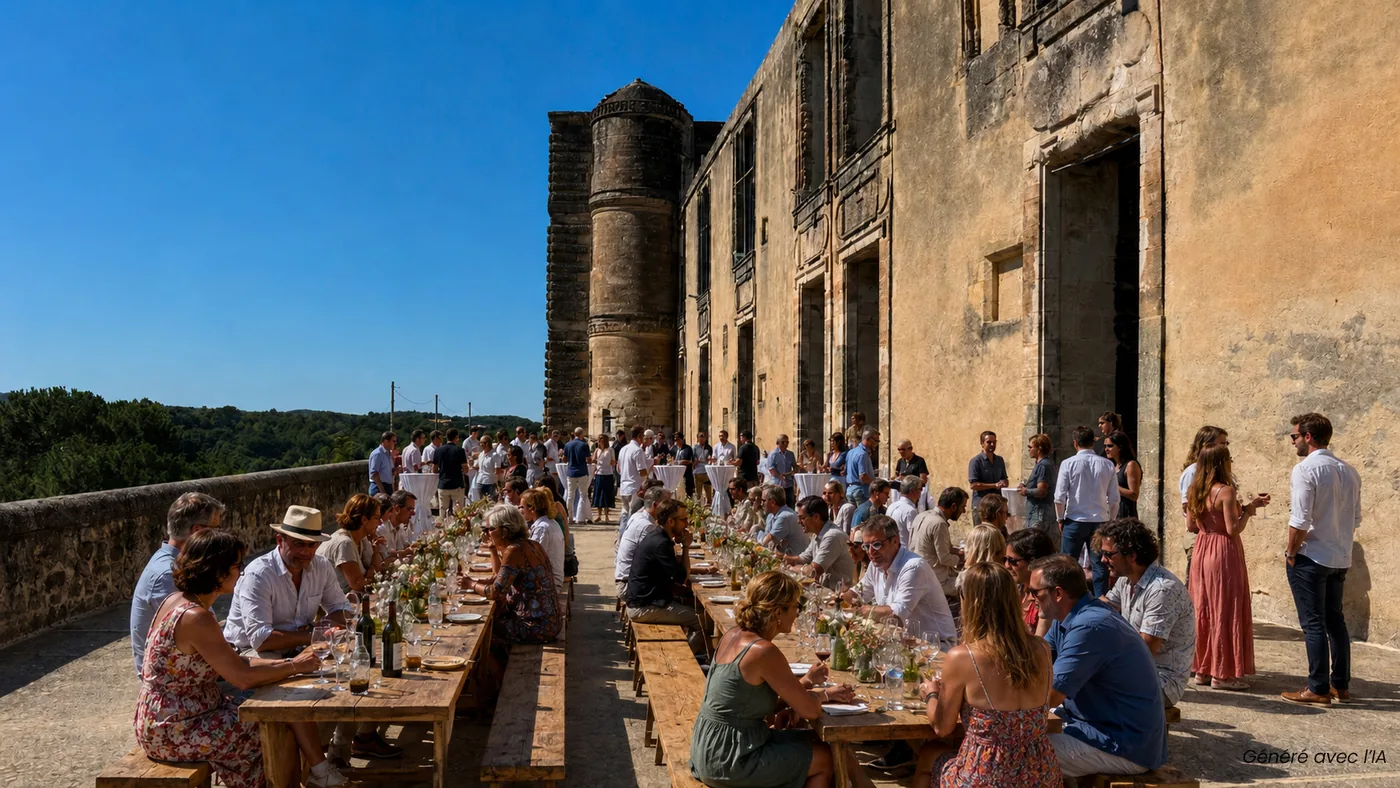 Des membres du réseau déjeunent sur la terrasse du château